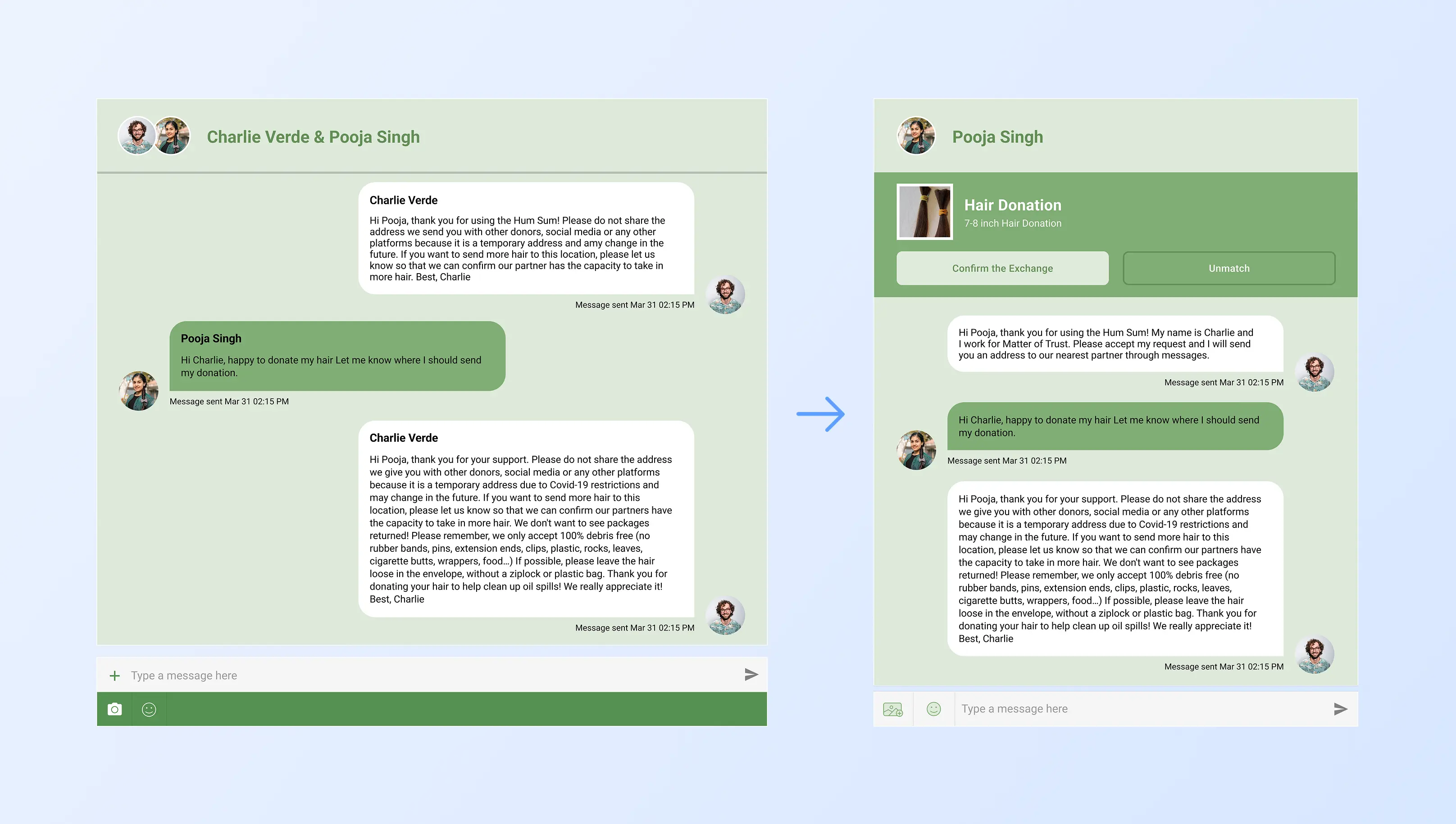 Before and after of a hair donation messaging thread with a donation confirmation card