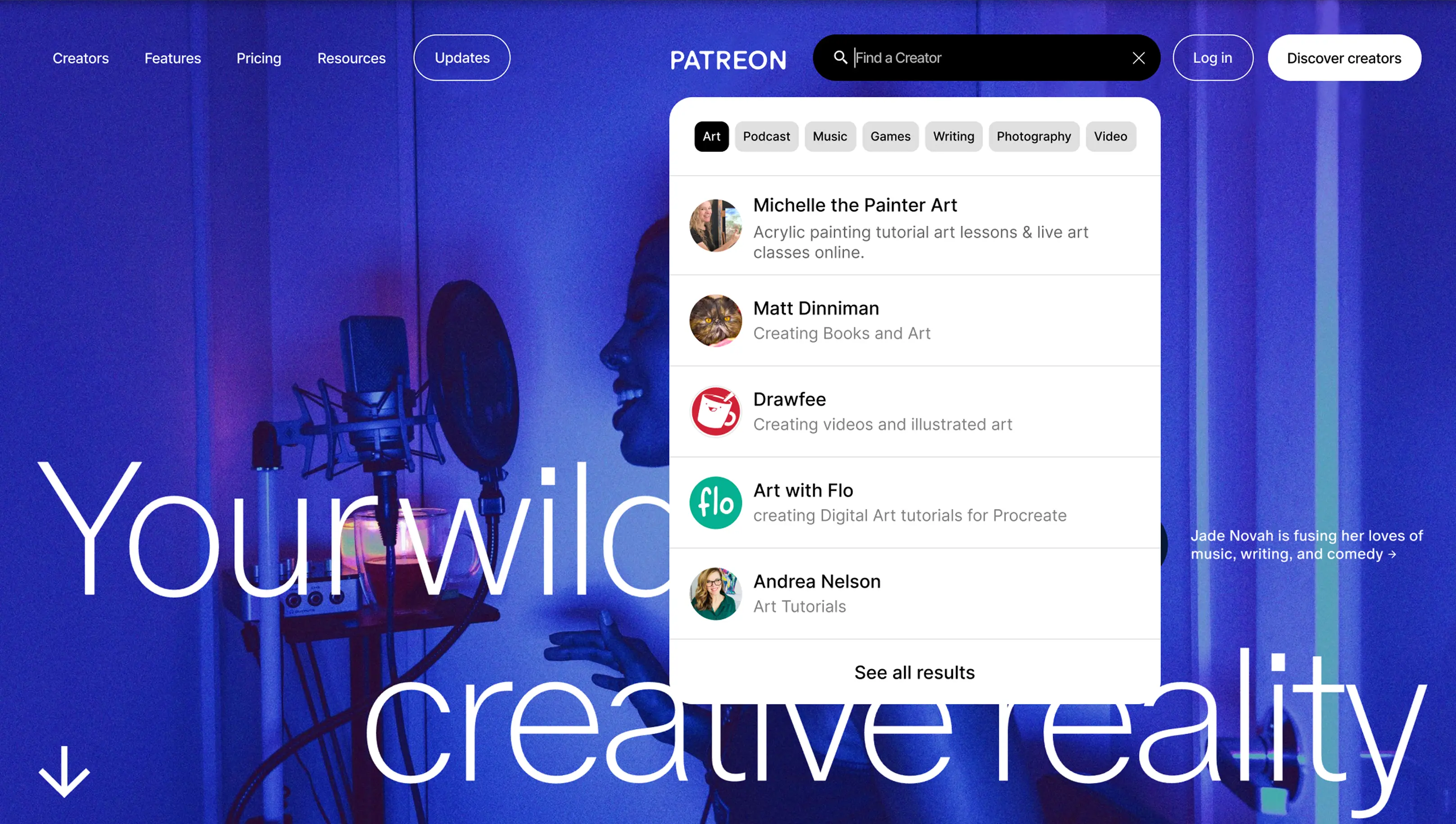 Patreon homepage with a creator search results dropdown open